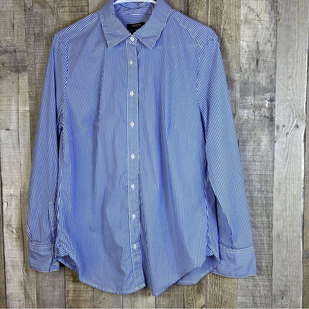 Premise Studio Size 12 Blue White Striped Button Front Long Sleeve w/But…